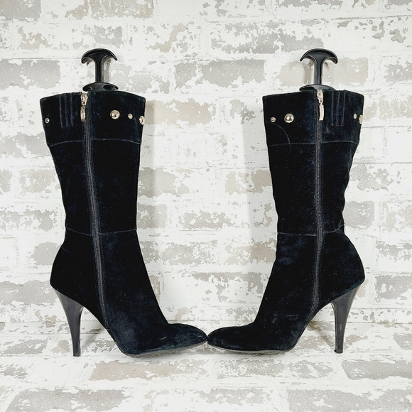 Guess Black Leather Side Zip Suede Heels Mid-Calf Boots F914 - Picture 7 of 14